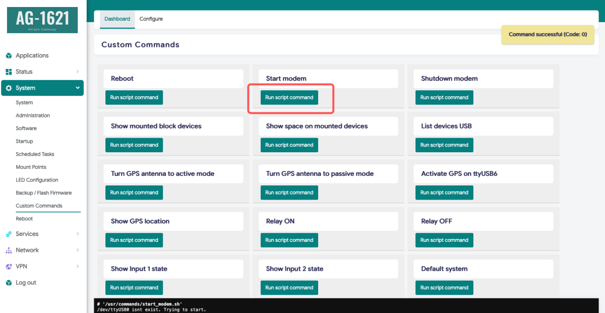 AG-1621 custom modem command
