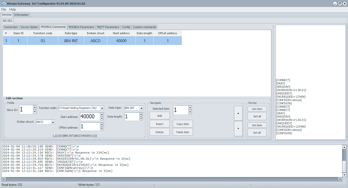 AG-201 app modbus commands