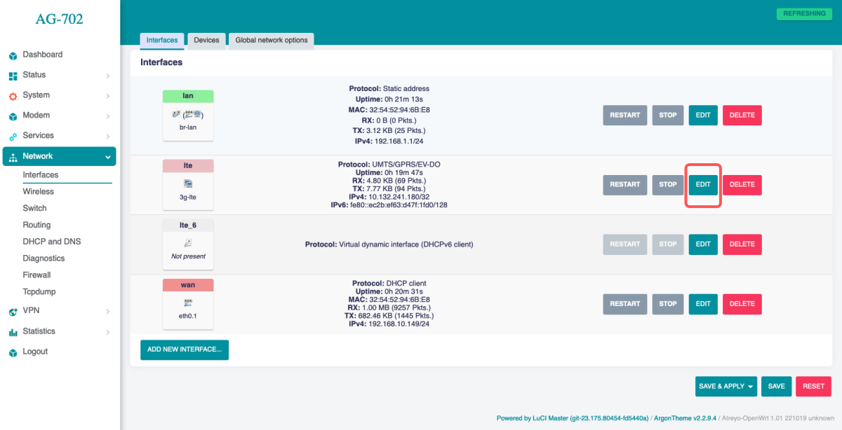 AG-702 netowrk interfaces lte