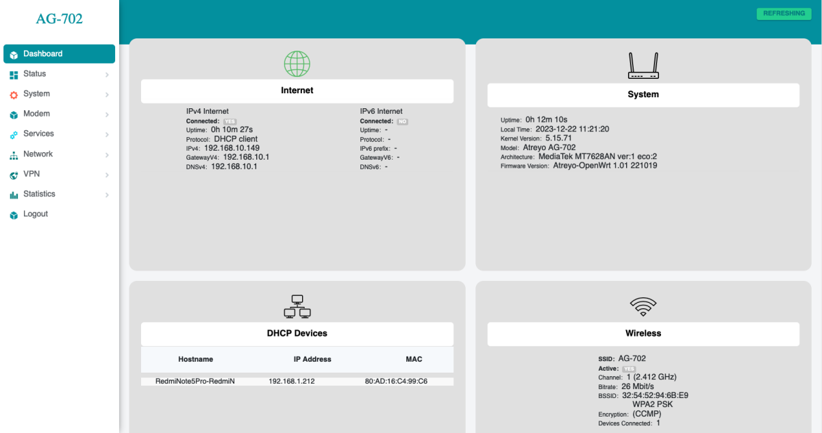 AG-702 dashboard